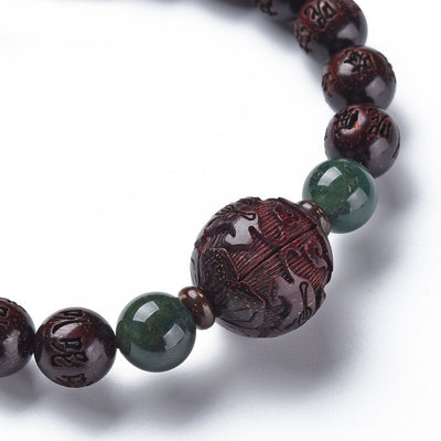 Bracelet perle de bois et gravure dragon et jade